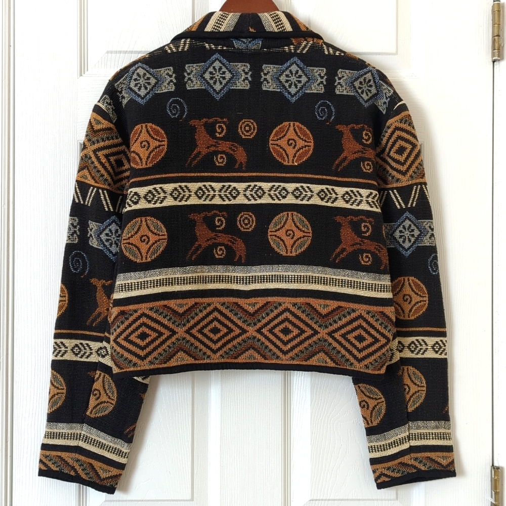 Flashback 90's Vintage Aztec Antelope Woven Tapestry Cropped Jacket Black M - Picture 11 of 12